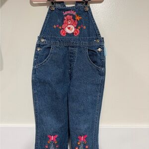 Vintage Care Bears Blue Denim Overalls with Pink and Red Accents